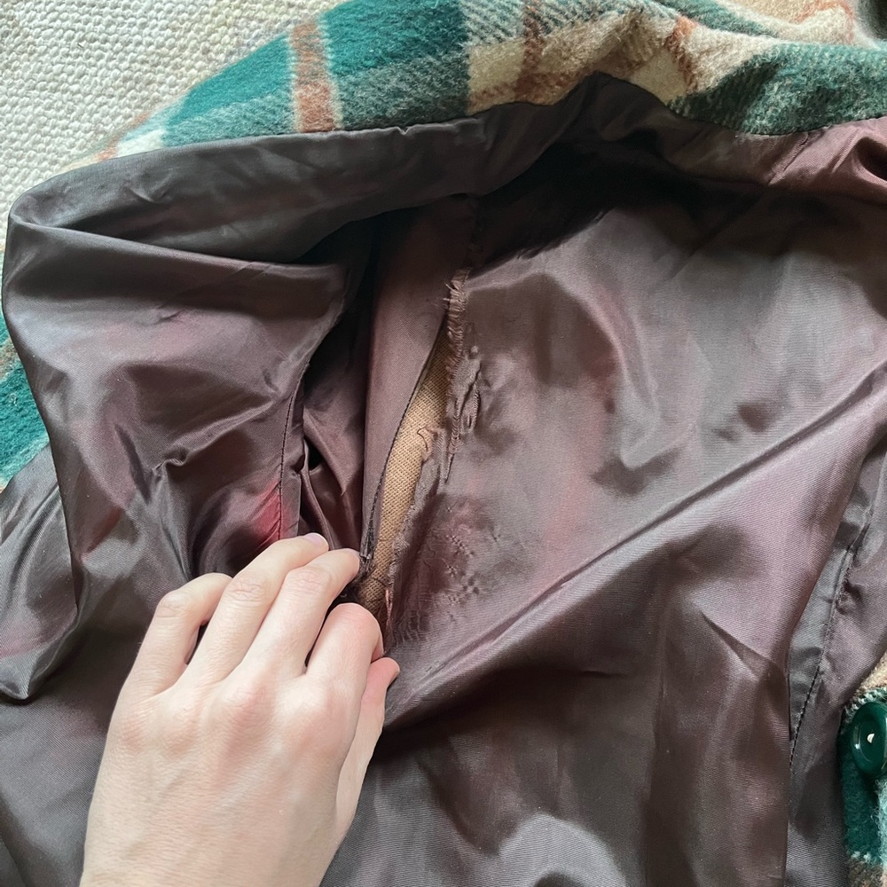 Vintage Green and Tan Plaid Wool Trench Coat - Picture 3 of 3